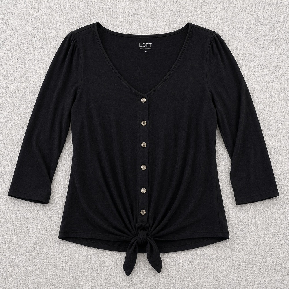 LOFT Womens Black Tie Front Button Down Knit Top V-Neck Blouse Puff Shoulder - Picture 2 of 8